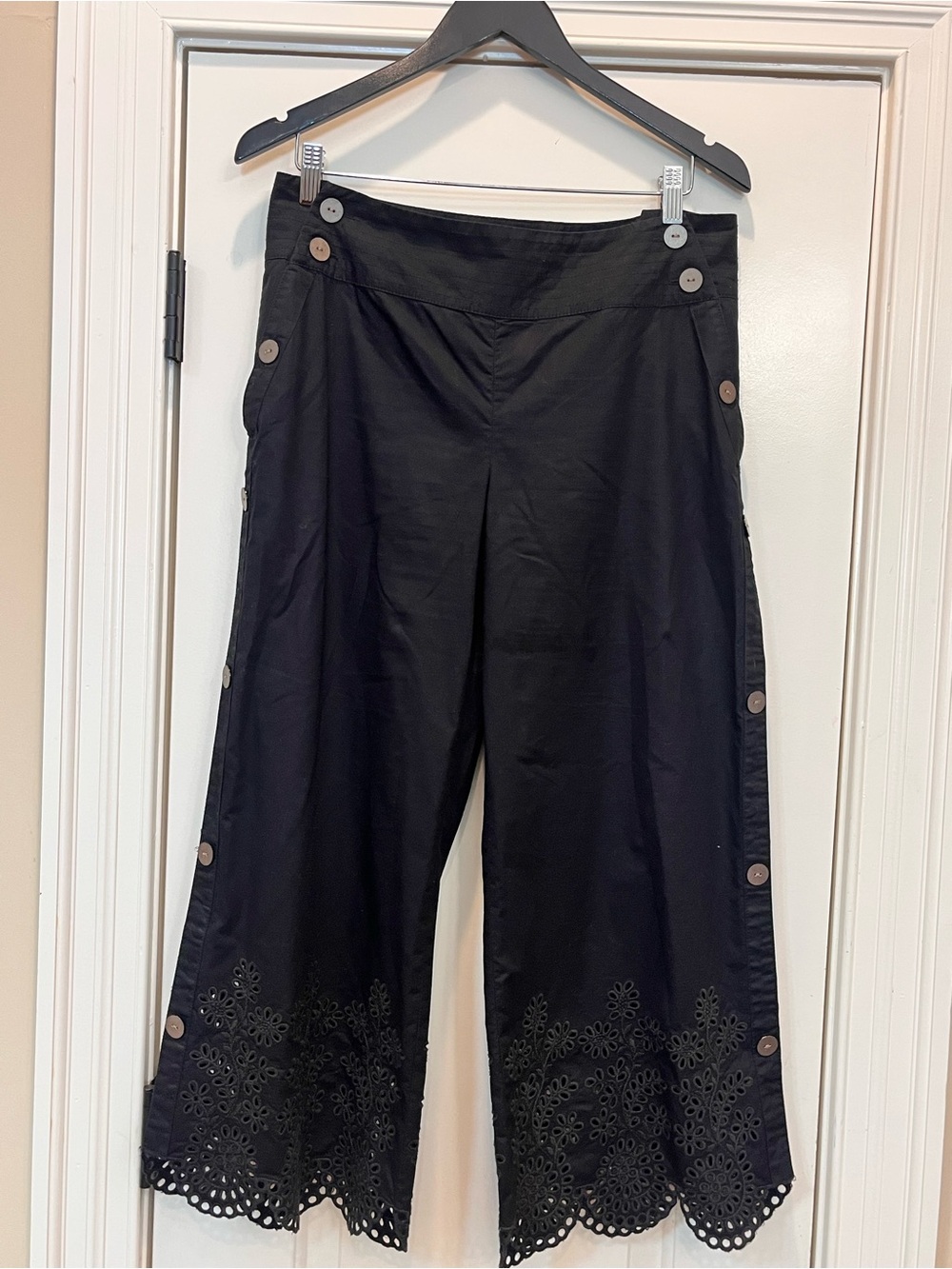 Elevenses Black Wide-Leg Eyelet Hem Button-Trim Pants